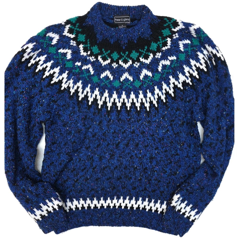 Vintage Peter England Sweater Mens Medium Blue‎ Fair Isle Knit Hong Kong 80s